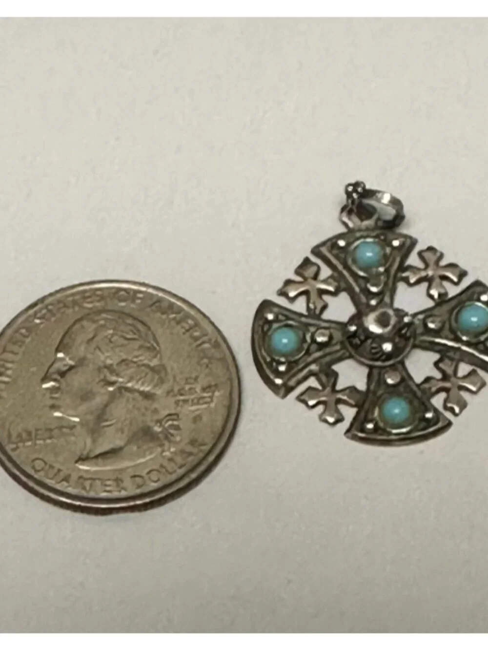 Vintage Jerusalem Cross Pendant Silver Tone Turquoise Stones 1 Inch